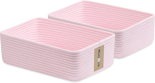 Large Shallow Organizing Baskets 15x11x5.1 Inches - Rope Woven Storage Bins for Bathroom, Shelves, Cube Closet, Light Pink 2 Packs