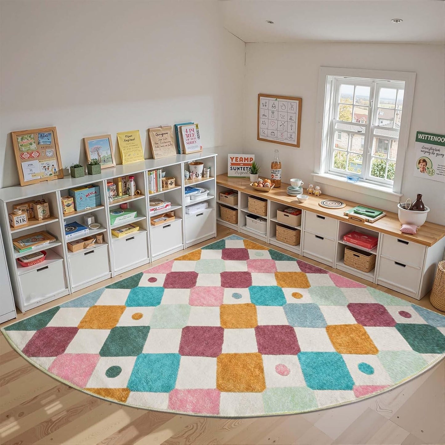 jinchan Kids Rug for Classroom 8ft Radius Corner Washable Area Rug Modern Colorful Quarter Circle Rug Soft Non-Slip Carpet for Nursery Playroom Daycare Reading Nook Living Room Confetti on Cream