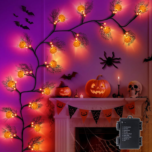 [8 Modes & Timer] 6Ft 45 LED Halloween Willow Vine Twig Garland with Orange Lights - Battery Operated, Waterproof Halloween Decor for Indoor Wall, Fireplace Mantle, Home Party (Pumpkin, 6FT)