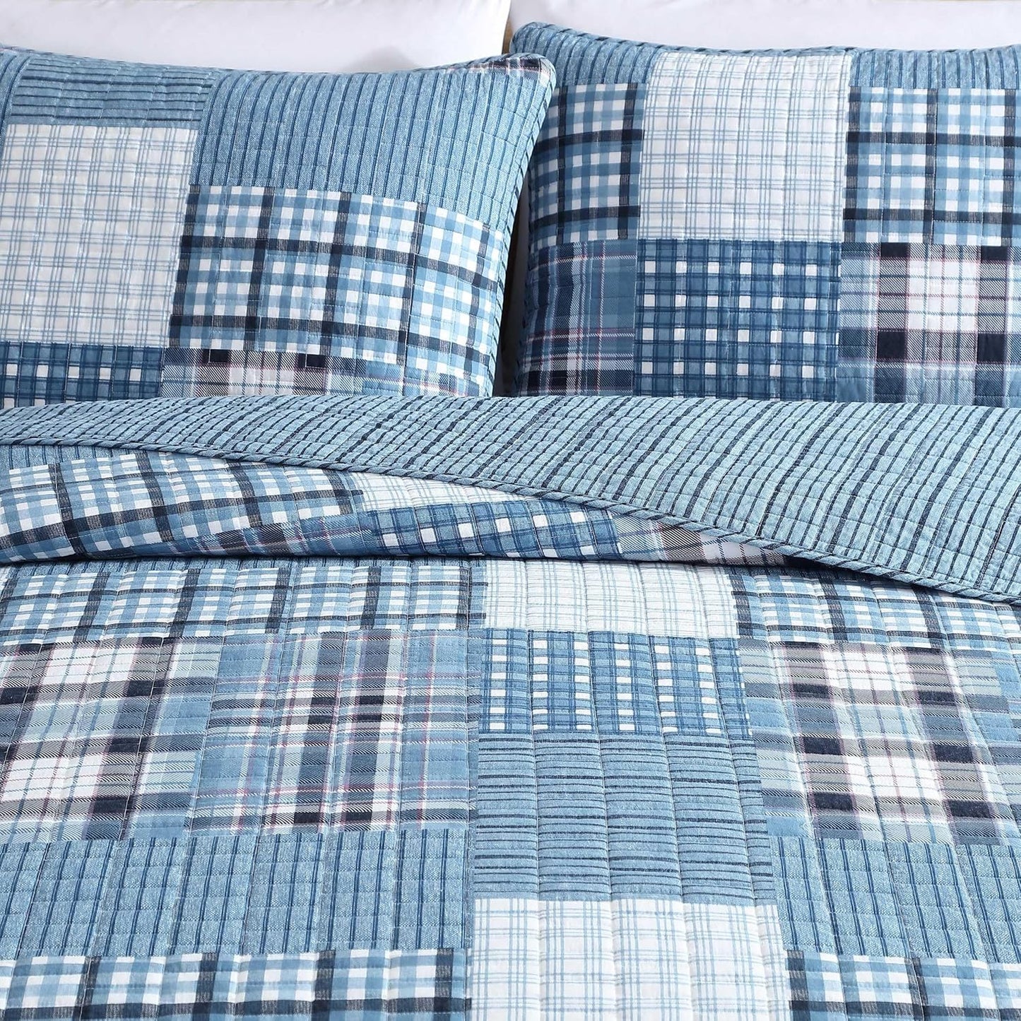Eddie Bauer - Twin Quilt Set, Reversible Cotton Bedding with Matching Sham, Patchwork Plaid Home Decor (Hawthorne Blue, Twin)