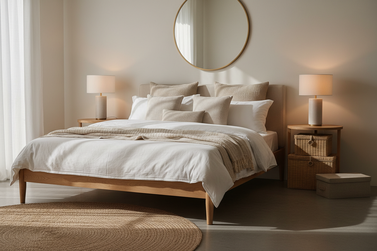 Bed linens, lamps, and decorative storage (make it real photo)